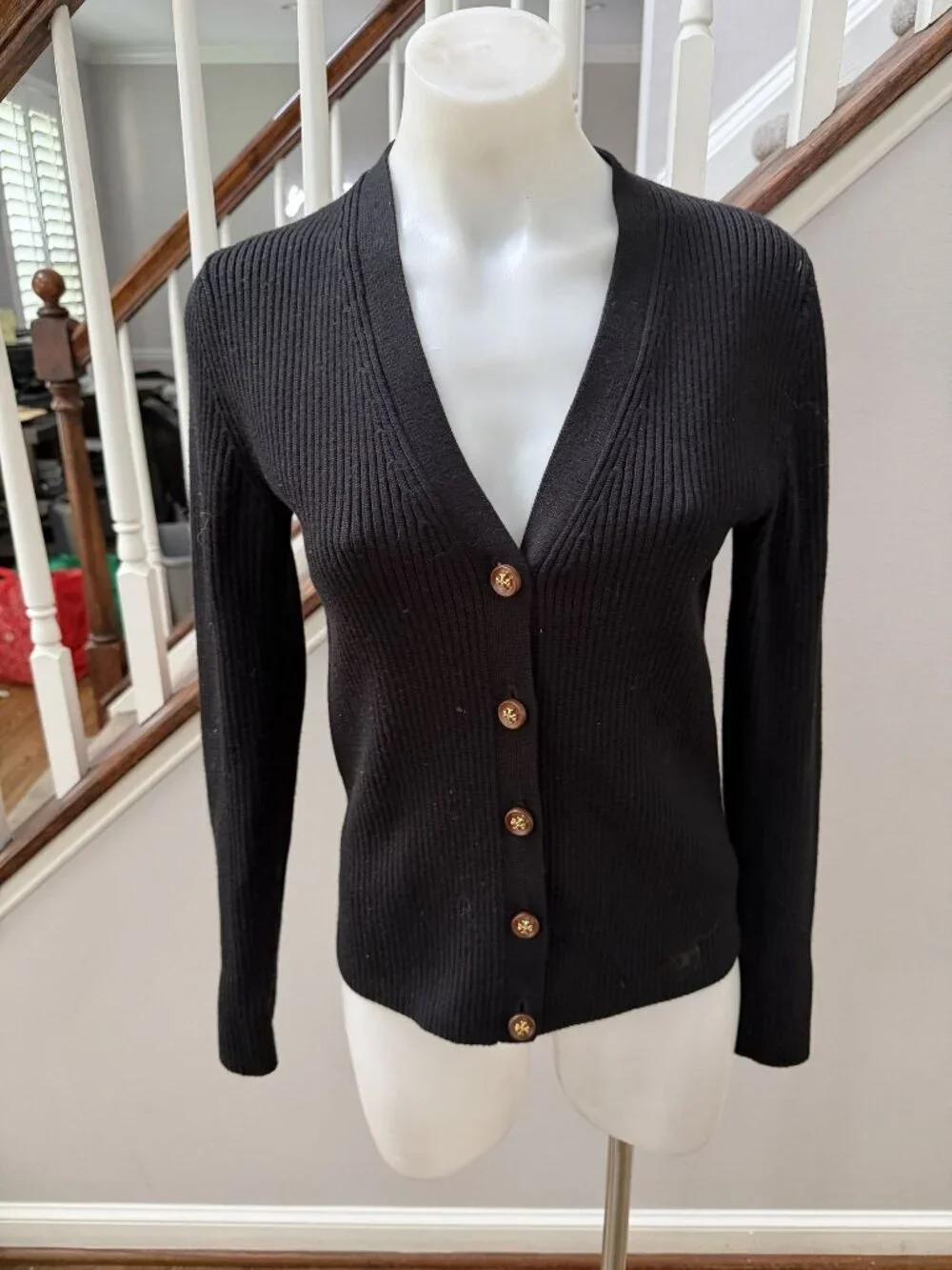 Tory Burch 100% Merino Wool Ribbed Gold Button Cardigan Small